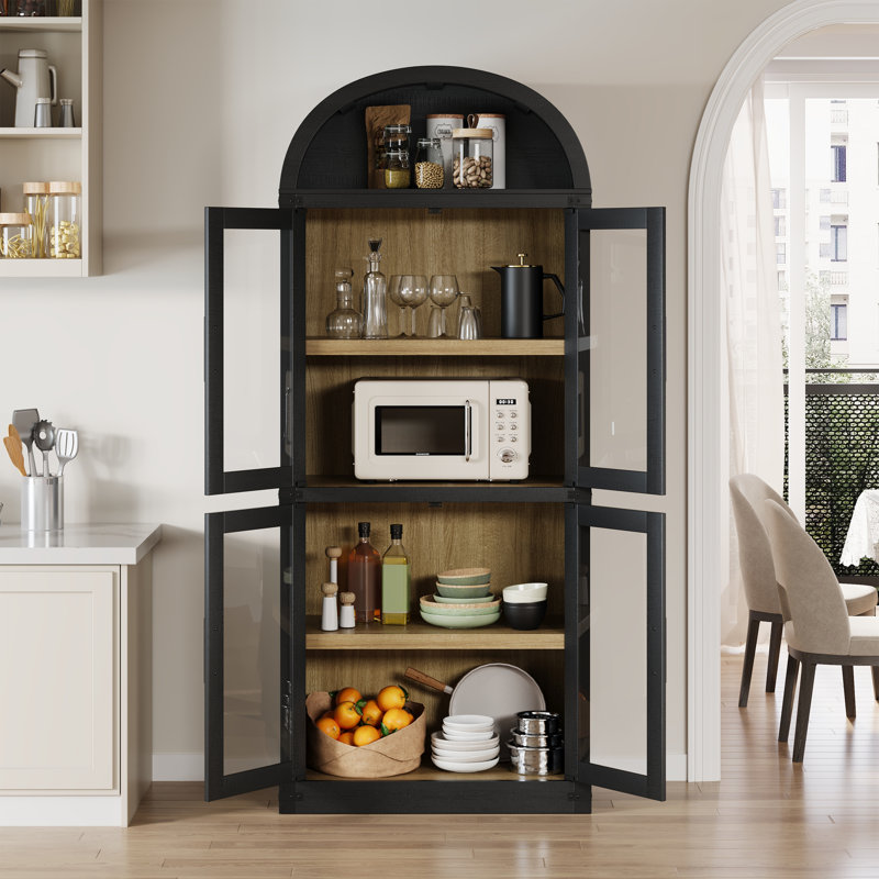 71.4" Arched Farmhouse Bookcase with Glass Doors, Wooden Display Cabinet for Living Room, Kitchen, Black/Natural