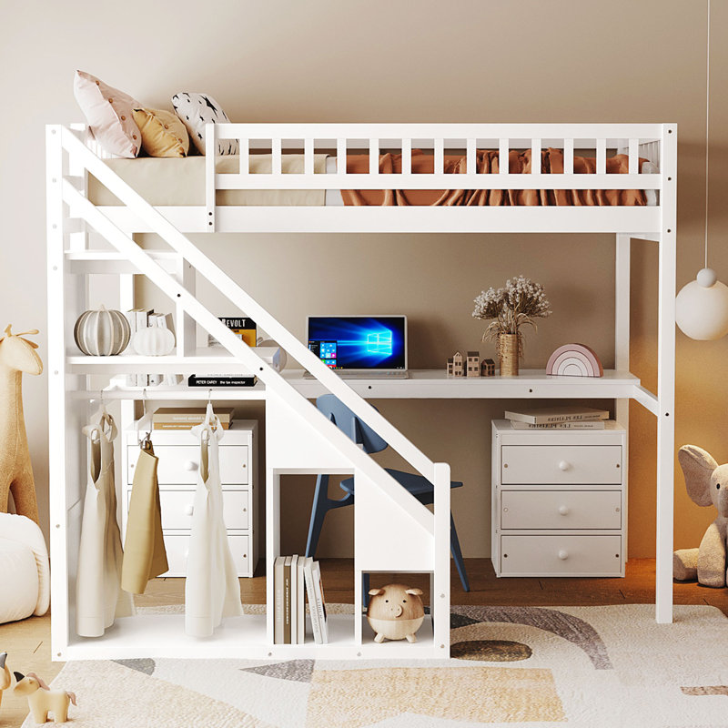 Twin Size Loft Bed with Desk, 2 Chest of Drawers & LED Light Strip – Space-Saving Wooden Bed Frame, White, Twin, White