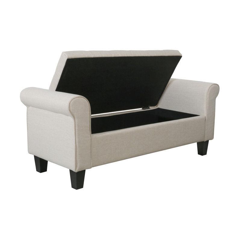 Claxton 50 Inch Contemporary Button Tufted Upholstered Storage Bench with Flip Top, Rolled Arms, Soft Close Hinges, Beige
