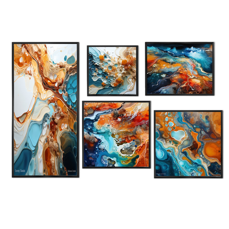 Encre liquide bleue et blanche Geyser - formes abstraites, ensemble de 5 reproductions d'art sur toile, Cadre flottant noir