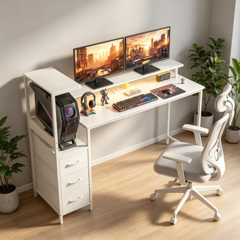 Gaming Desk with RGB Lights, Charging Station & Monitor Stand, White