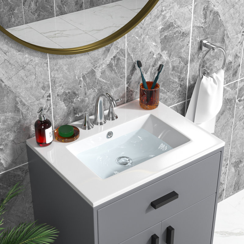 24"L White Ceramic Rectangular Bathroom Single Vanity Top Sink Only with Overflow, 4" Centerset