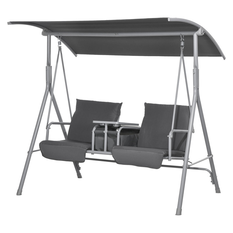 Balancelle de porche Outsunny pour 2 personnes avec support, auvent, table de rangement et porte-gobelets, coussins en polyester gris pour terrasse et jardin