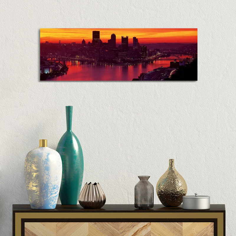 Silhouette of Buildings at Dawn, Three Rivers Stadium, Pittsburgh, Allegheny County, Pennsylvania, USA 1 Piece Wrapped Canvas Panoramic Wall Art