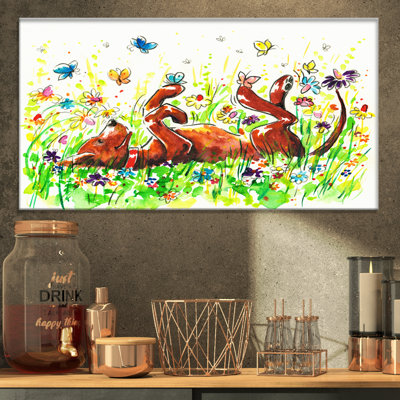 " Happy Brown Dog With Flowers And Butterfly "