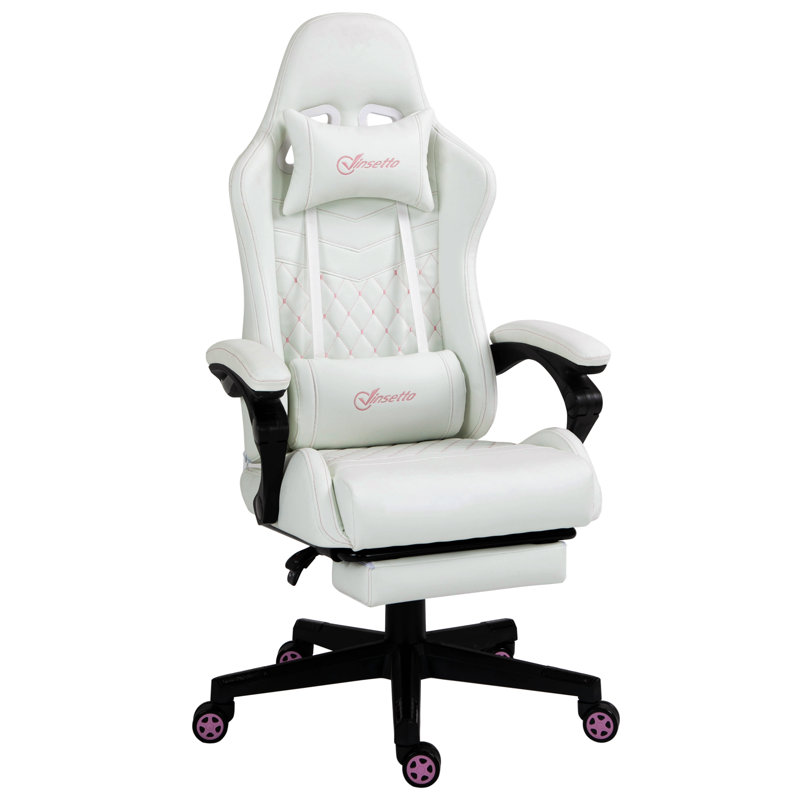High Back Pu Leather Gaming Chair, Racing Computer Chair With Swivel Wheels, Retractable Footrest, Headrest, Lumbar Support, And Armrest, White And Pink