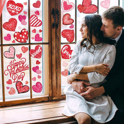 6 feuilles d'autocollants pour fenêtre de la Saint-Valentin, double face, roses et rouges, en forme de cœur, pour la maison, un mariage, un anniversaire, une fête, une boutique ou toute autre occasion. Décoration de vitrine pour les fêtes et les occasions spéciales.