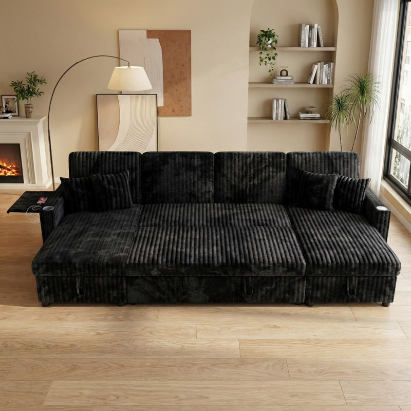 Oversized 110.6" U-Shaped Corduroy Sleeper Sectional Sofa with Pull-Out Bed and Storage Chaise, Black