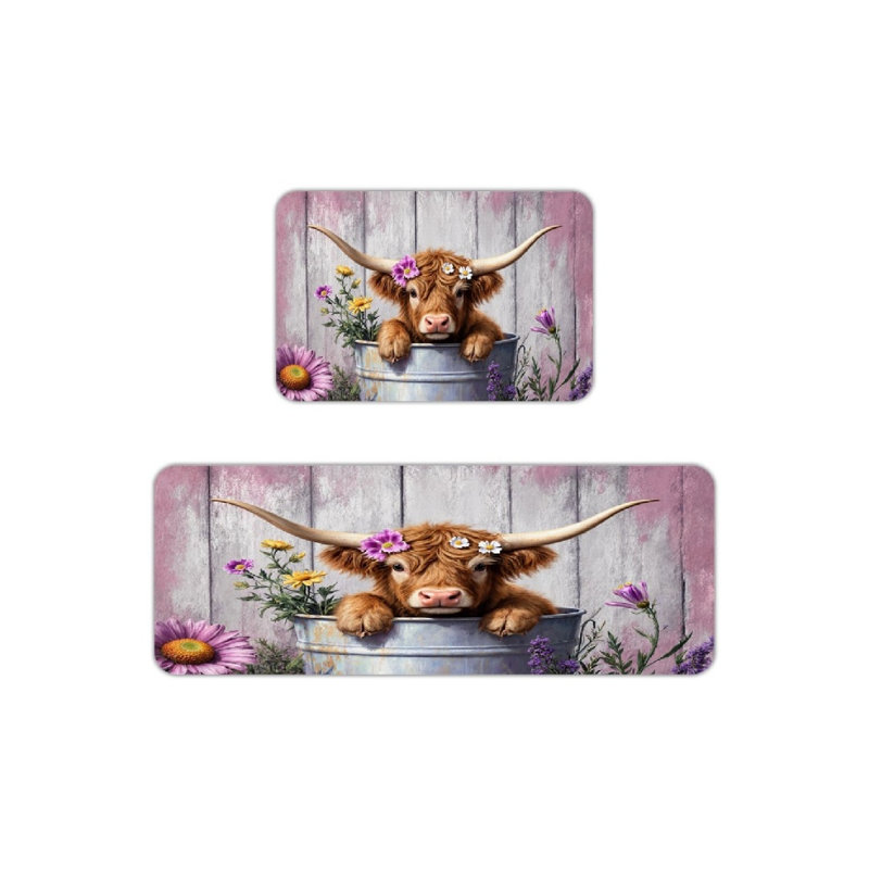 Ensemble de 2 tapis de cuisine Highland Cow, Vache Highland avec motif floral