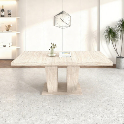 Rectangular Extendable Dining Table, Suitable For 6-10 People, With Veined Travertine Pattern, Dimensions 160-200 Cm, Simple And Elegant.