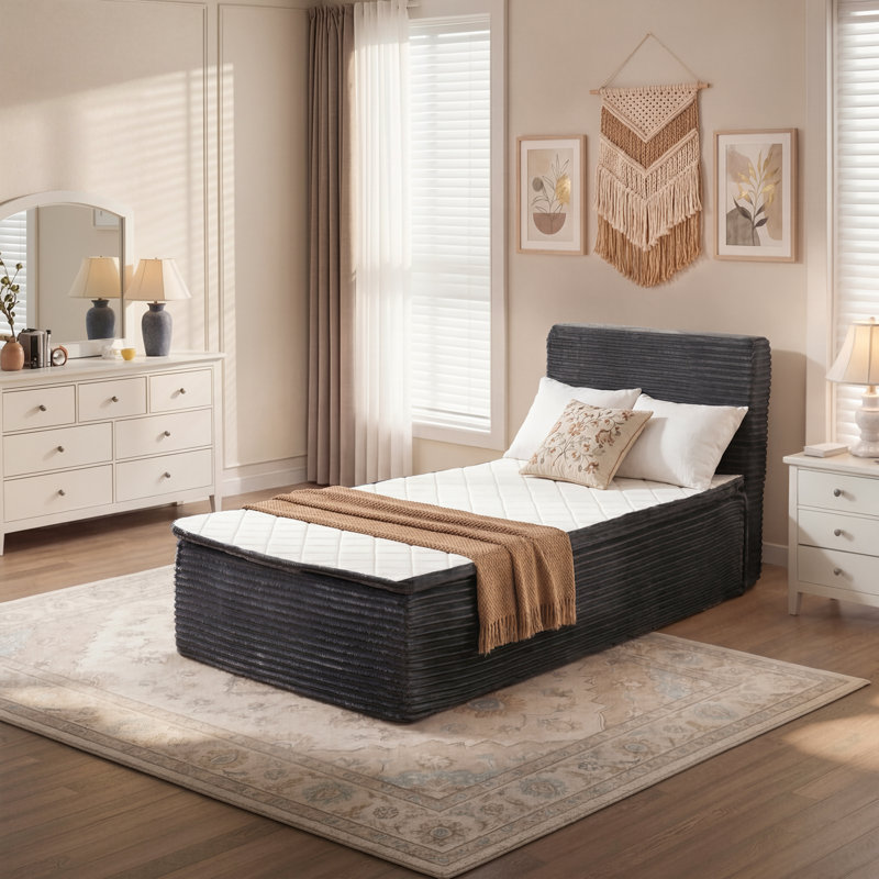 Lit plateforme tapissier, aucun assemblage requis Lit de compression avec matelas à ressorts, Lit simple, Gris