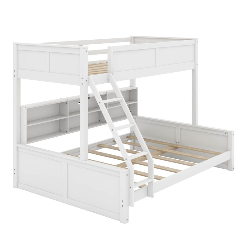 Twin XL Over Queen Bunk Bed With Cabinets And USB, Antique White