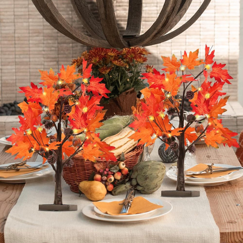 Fall Decorations For Home, 2 Pack 24”/2FT Lighted Fall Maple Leaves Tree With Warm White Leds Autumn Decor, Pumpkin Lampshade, Pine Cone, Acorn Ornaments Battery Powered Timer For Thanksgiving