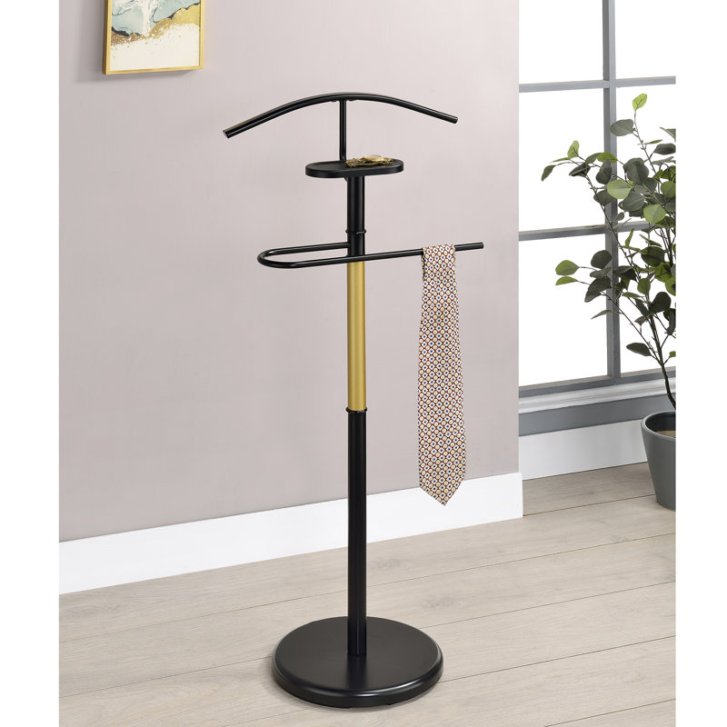 Modern Freestanding Valet Stand, Metal Suit Rack with Jacket Hanger, Trouser Bar, Tie Holder & Accessory Tray, Space-Saving Organizer for Bedroom or Closet