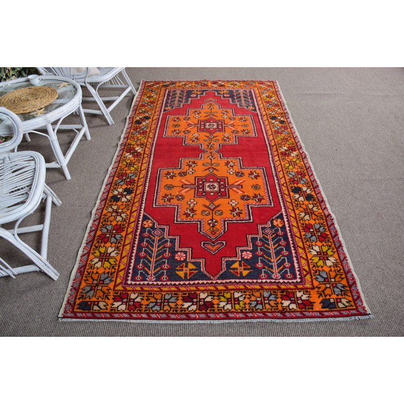 Tapis en laine Anatolian rétro fait à la main idéal pour le salon avec motif floral et style bohémien rouge