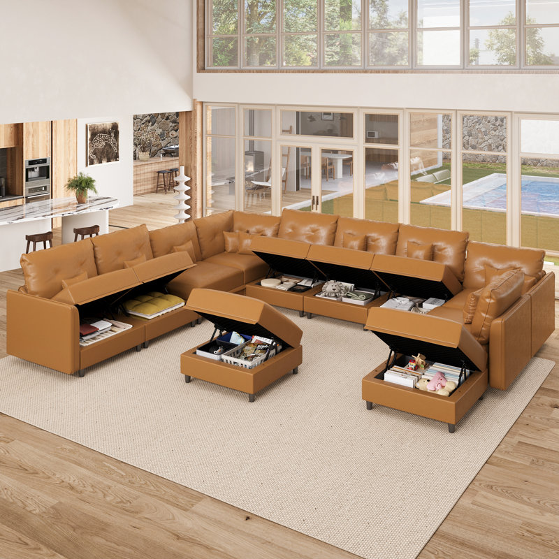 Canapé modulaire avec méridienne avec repose-pieds de 137 po de large Mizuho, Similicuir brun