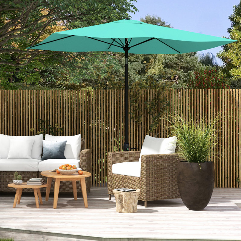 Parasol de patio rectangulaire de 6,5 pi x 10 pi, protégé, manivelle simple et inclinable, parasol bleu sarcelle pour patio, housse de protection, inclinaison réglable facile,