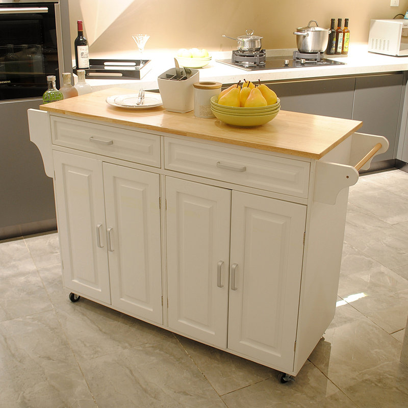 Kitchen Island & Kitchen Cart, Mobile Kitchen Island, Rubber Wood Top, Big & Adjustable Shelf Inside Cabinet For Different Utensils, Luxury Design Fits Party At Different Site.