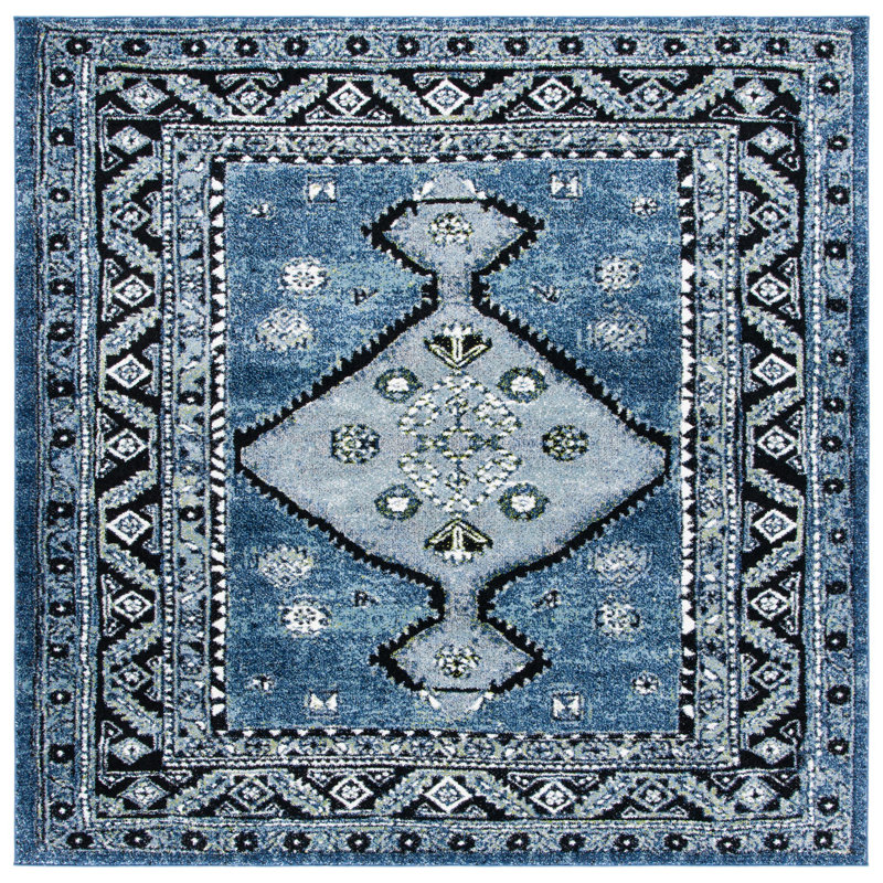 Tapis gris /bleu à motif Sud-Ouest, Carré 6 pi 7 po