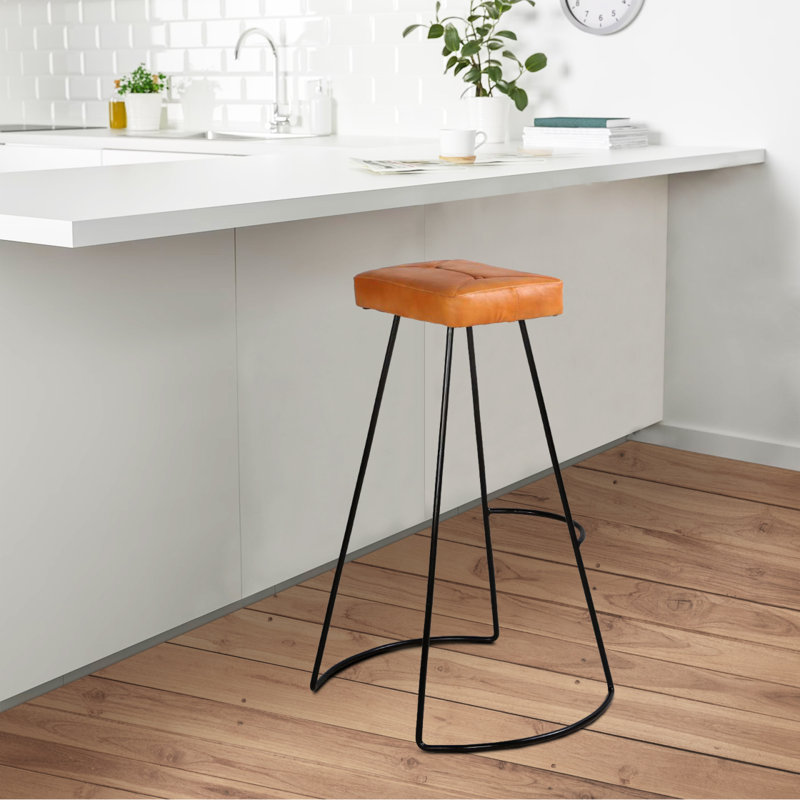 Tabouret de bar moderne de 32 pouces, siège en cuir véritable, structure en métal, capitonné