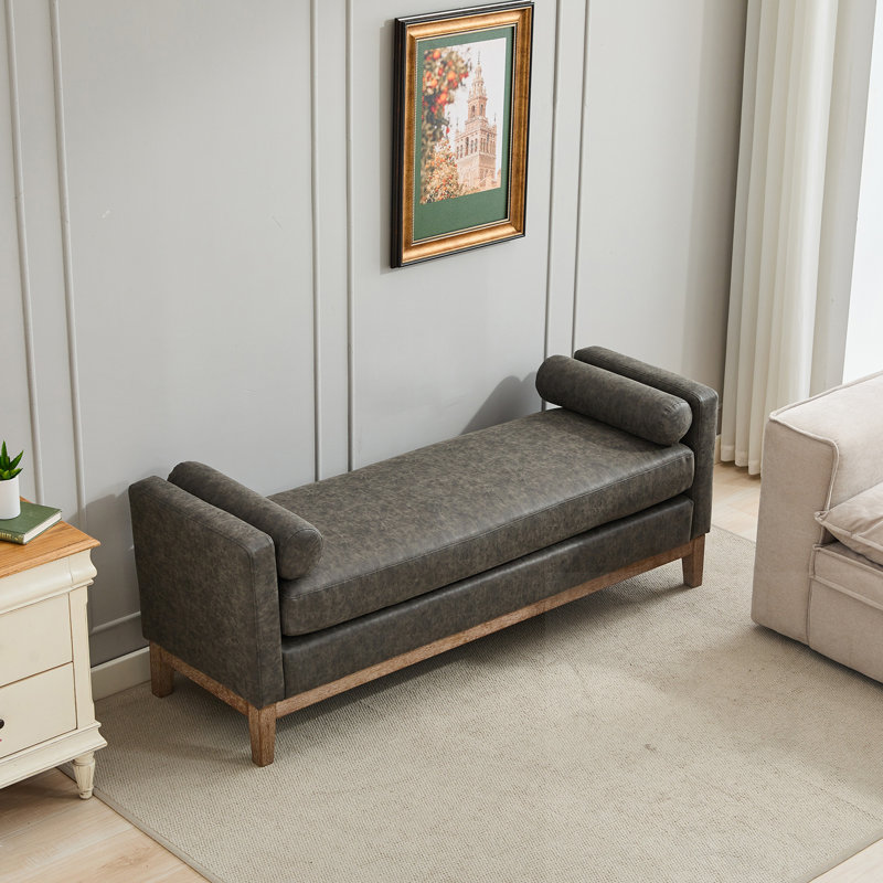 Upholstered Bench With Arms And 2 Bolsters, Gray, Walnut