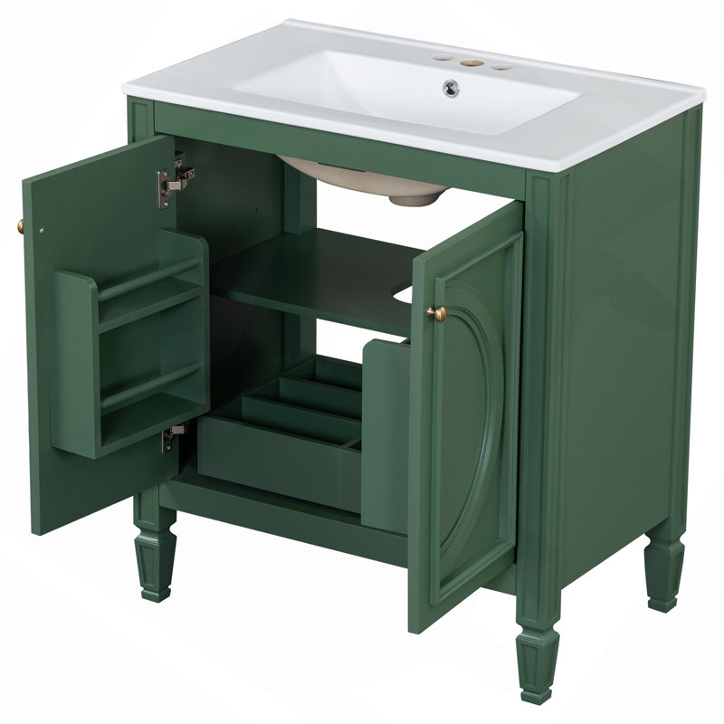 30" Bathroom Vanity With Sink, Two Doors With Shelf, Soft Close Door Hinges, Vintage Style, Green / Gold