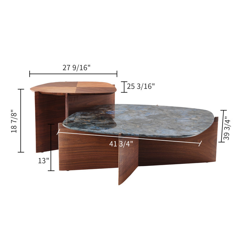 Modern Walnut And Sapphire Marble Irregular Coffee Table Nesting Set