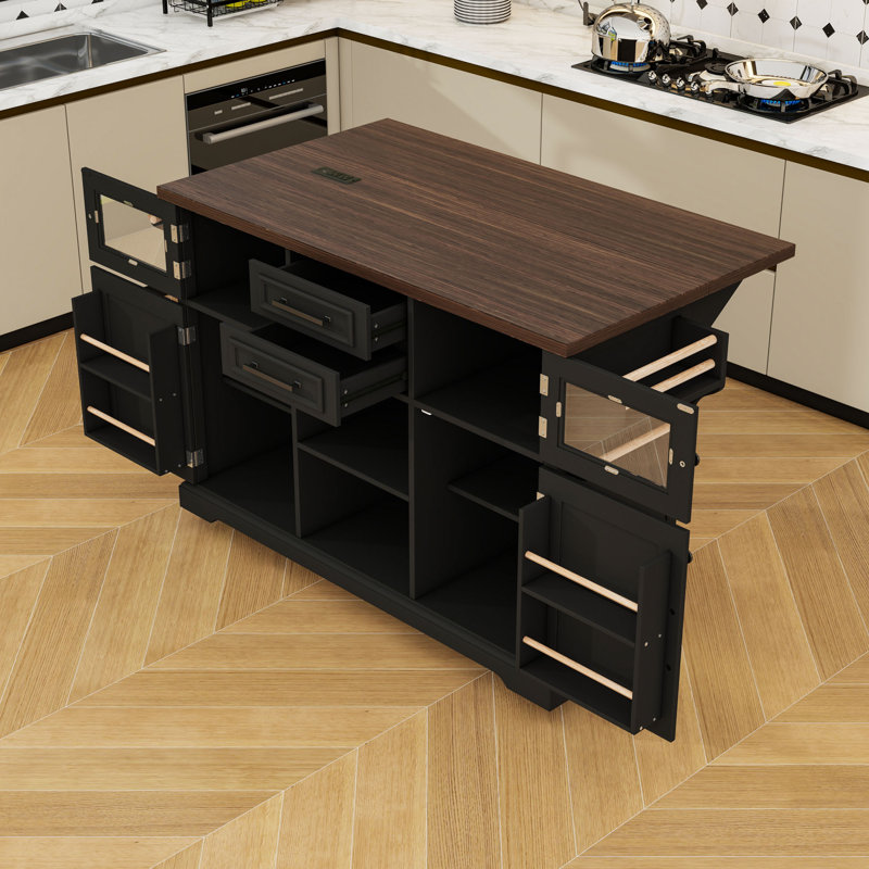 Rolling Kitchen Island with Drop Leaf, Power Outlet, Adjustable Shelves and Storage Cabinet, Black