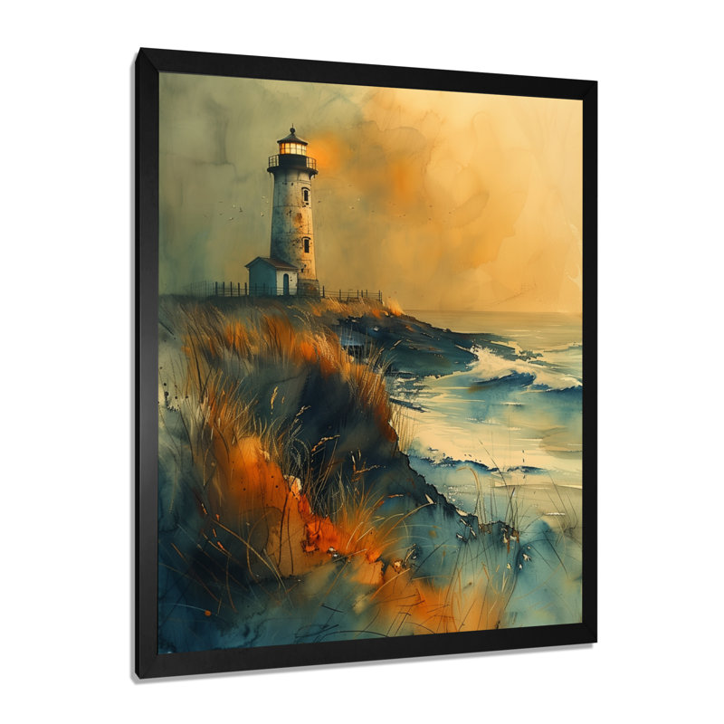 Gris, gris, orageux, falaise, été, phare II, art mural phares, H 12 po x l 20 po, Cadre simple noir