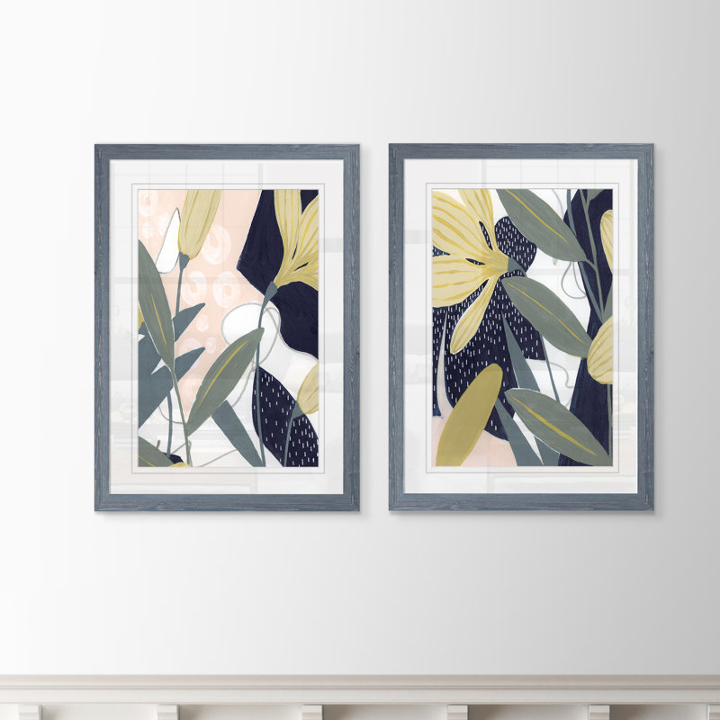 Flores Noche IV - Ensemble de 2 peintures sur toile encadrées, H 24 po x l 18 po x P 1,25 po, Cadre en papier gris, Blanc