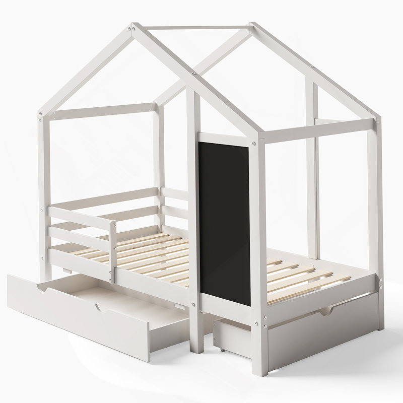 Lit simple avec tableau noir et tiroirs, deux options d'assemblage, blanc