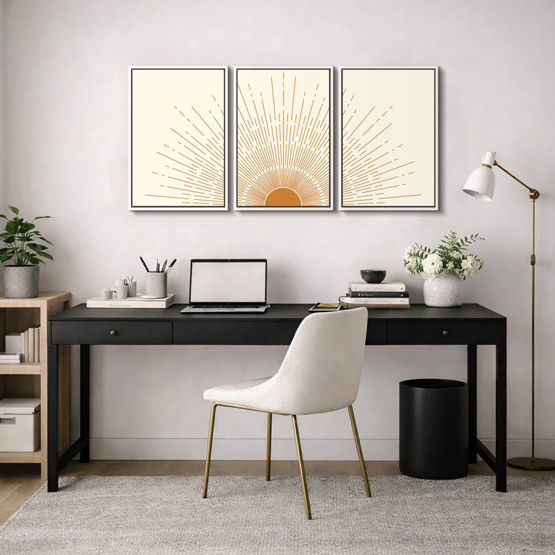 "Bright Orange Boho Sun Burst Artwork, Mid-Century Modern Organic Minimalist Wall Walls", reproduction d'art numérique sur toile encadrée, 3 pièces