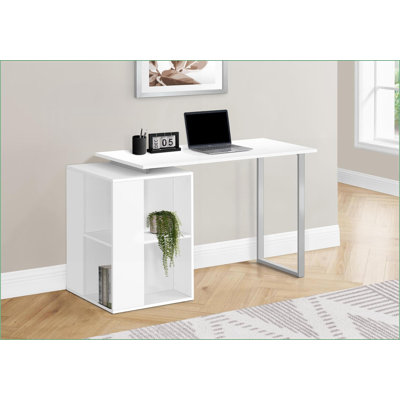 Bureaux, bureau d'ordinateur de 55 po, tablettes gauche / droite, métal gris stratifié blanc, moderne | Blanc | Panneau de particules