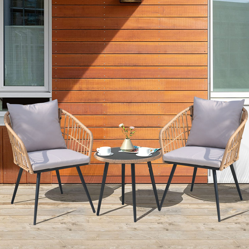 3-Piece Outdoor Patio Bistro Set – Modern Wicker Conversation Chairs with Glass Table & Cushions, Tan, Gray