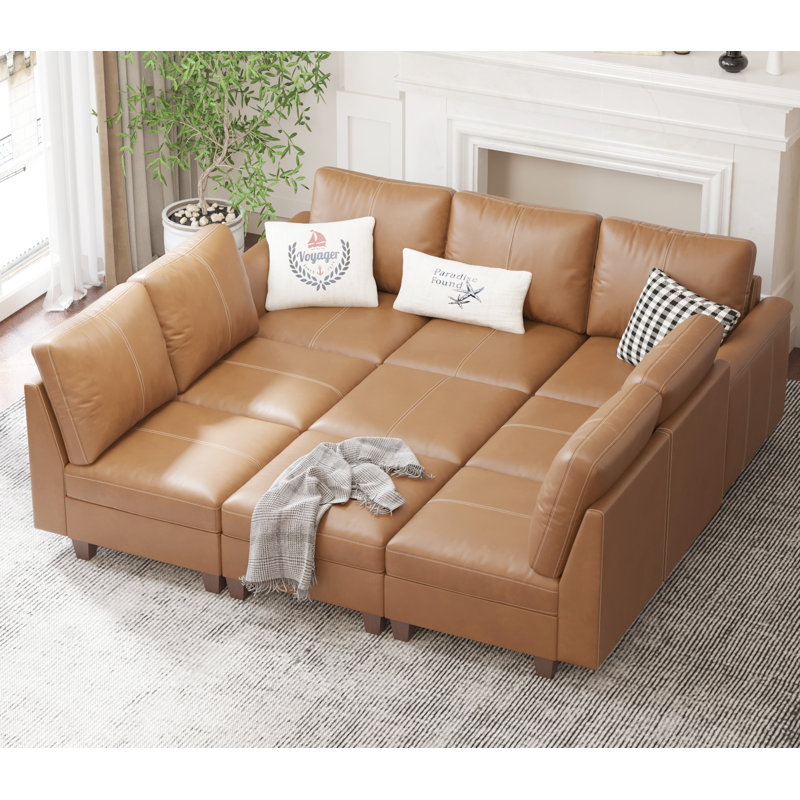 Oversized Modular Sectional Sleeper Sofa Bed with Storage & Ottoman, Convertible Faux Leather 9 Seat U Shaped Modular Couches for Living Room, 91inch Width