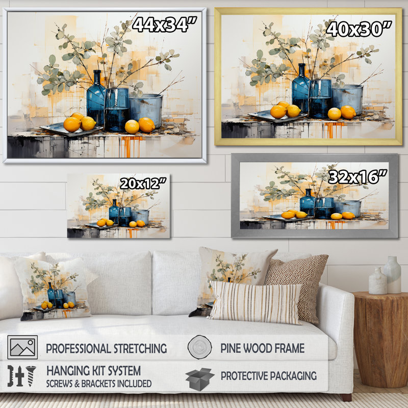 Bleu et jaune agrume Boho Pottery I - Boho Pottery, art mural, H 12 po x l 20 po x P 1 po, Cadre flottant doré