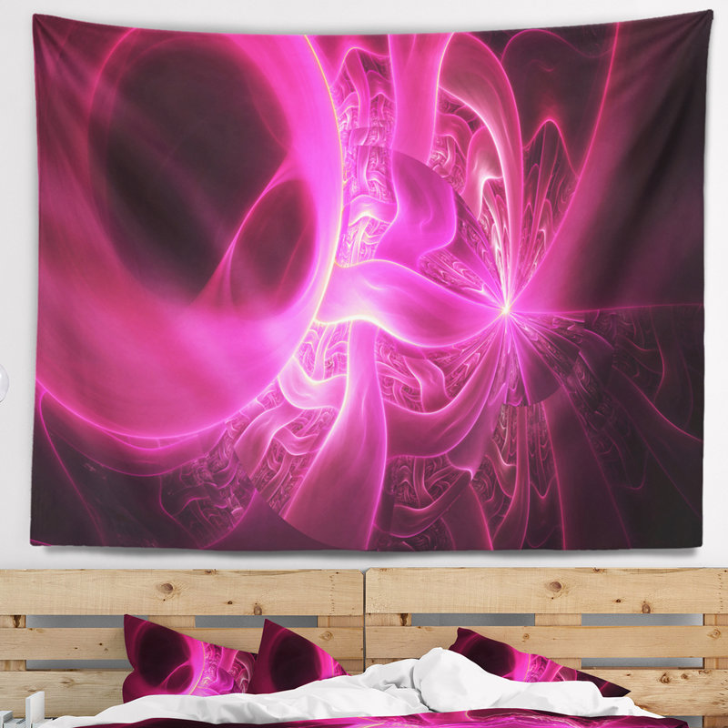 Motifs abstraits rose vif sur tapisserie noire, H 50 po x l 60 po