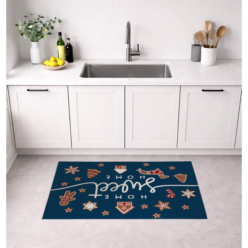 Tapis de cuisine Gingerbread Home Sweet Home, Rectangle 5 pi x 7 pi, Bleu foncé / rouge / blanc