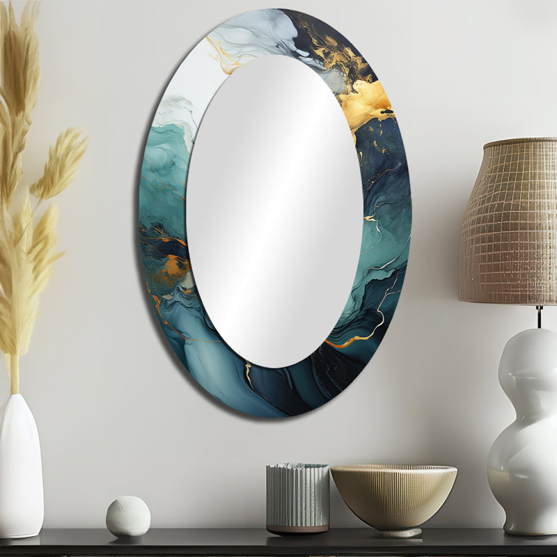 Gold And Green White Marble Waterfall I - Gold Oval Wall Mirror Decor, 36" x 24"