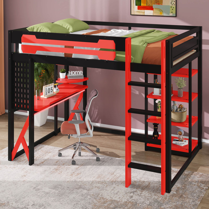 Lit mezzanine double en bois avec bureau intégré, tablettes, prise de courant et connectivité USB / Type-C, plus éclairage RVB