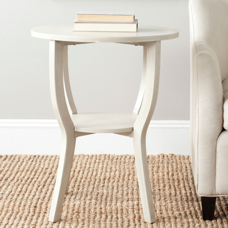 Rhodes Elm Accent Table - 22" Round Pedestal Side Table with Bottom Shelf, Country Style, White Washed