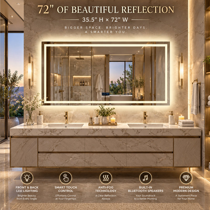 Miroir de salle de bain DEL grand format 72 pouces pour double vasque, haut-parleur Bluetooth, affichage intelligent de l'heure et de la date, antibuée, intensité lumineuse réglable 3 couleurs