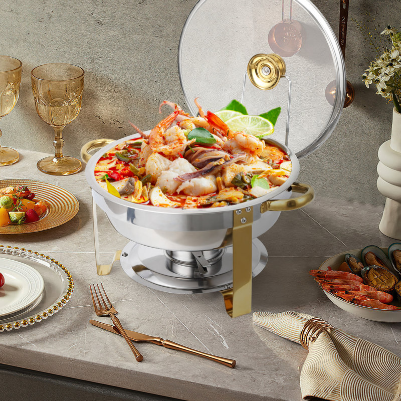 Elegant Food Warming Solution - Ensemble de 4 réchauds à vaisselle ronds en acier inoxydable 5 pte avec bord doré, couvercles et supports en verre visible - Serveurs de buffet parfaits pour les fêtes, les mariages et l'or