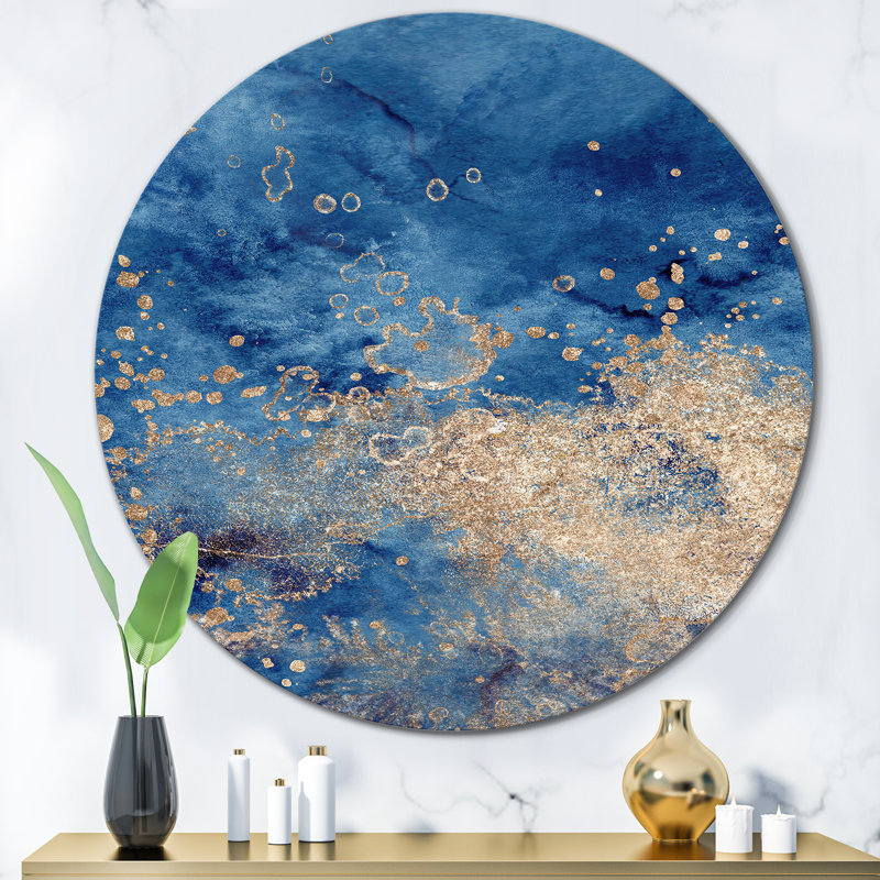 Abstrait classique bleu et or II - art mural moderne en cercle métallique, H 11 po x l 11 po