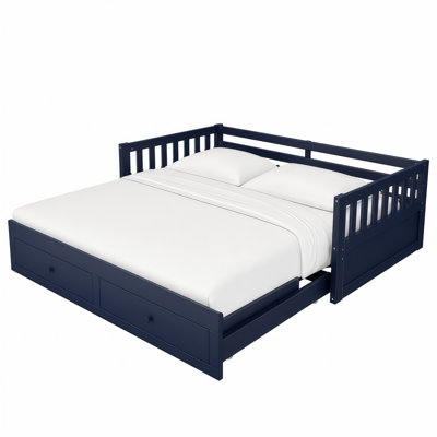 Twin to King Extendable Daybed with Pull-Out Trundle, Wood Convertible Bed Frame with Guardrails and Slat Support, 2 Built-in Drawers, Easy to Assemble, No Box Spring Needed, Blue