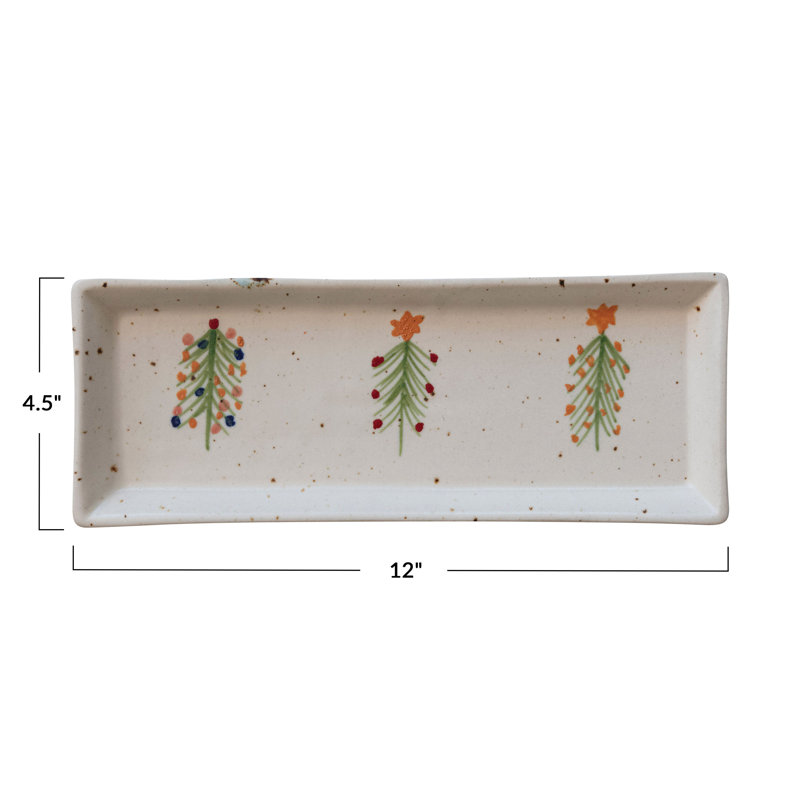 Plateau en grès moucheté peint à la main avec arbres de Noël