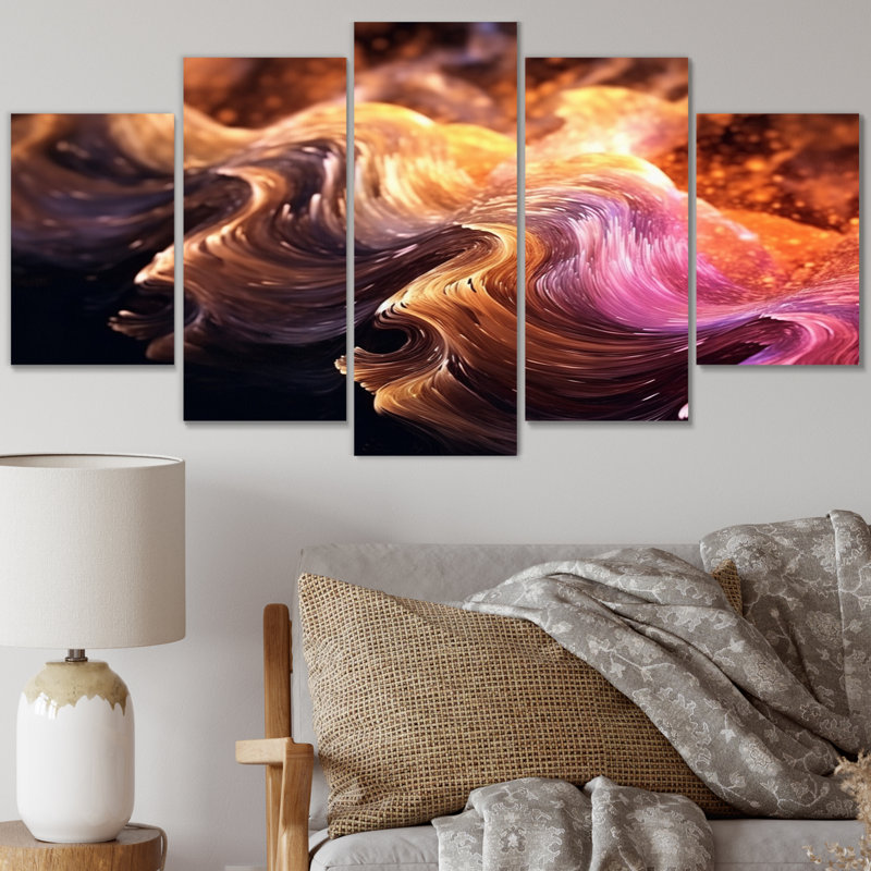 Orange et rose, vagues éthérées, art mural sur toile, fractales, 5 panneaux