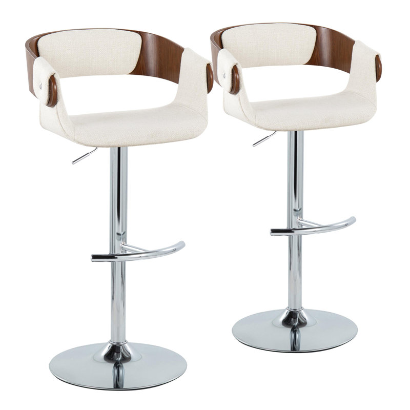 Tabouret de bar Laurenzio, Chrome, Tissu crème / bois de noyer