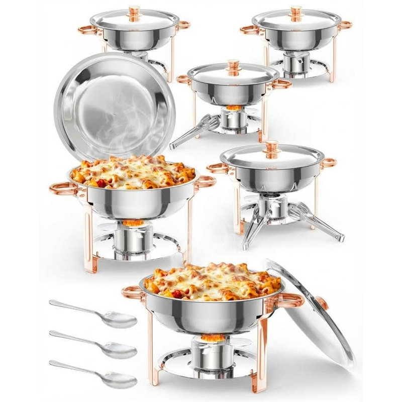 5 réchauds à 5 réchauds pour buffet, ensemble de 6 réchauds à vaisselle ronds en acier inoxydable avec bac à eau, couvercle, support à carburant, chauffe-plats et réchauds