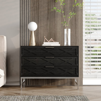 Black Wood Grain 3-Drawer Nightstand With Silver Legs,Contemporary  Bedside Table